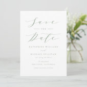 Sage Green Minimalistisch Dainty Script Wedding Save The Date (Stehend Vorderseite)