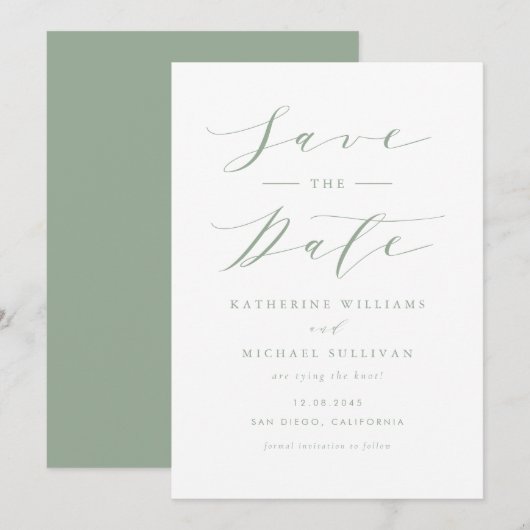 Sage Green Minimalistisch Dainty Script Wedding Save The Date (Vorne/Hinten)