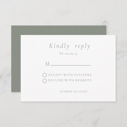 Sage green Minimalistisch Elegant Wedding RSVP Car (Vorne/Hinten)