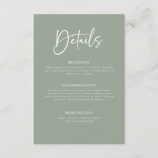 Sage Green Minimalistisch Elegante Hochzeiten Deta Begleitkarte (Vorderseite)