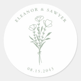 Sage Green Minimalistisch Floral Bouquet Wedding Runder Aufkleber