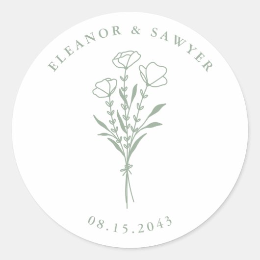 Sage Green Minimalistisch Floral Bouquet Wedding Runder Aufkleber (Vorderseite)