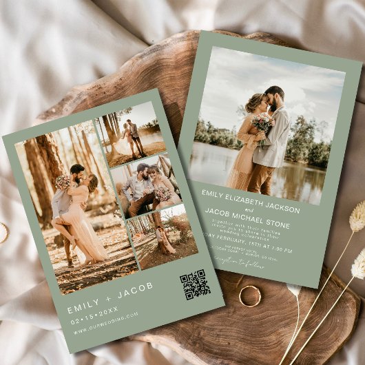 Sage Green Minimalistisch Foto QR Code Hochzeitssa Einladung