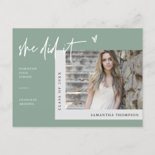 Sage Green Minimalistisch Foto Sie tat es Abschlus Postkarte