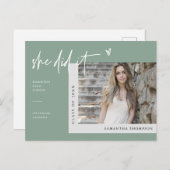 Sage Green Minimalistisch Foto Sie tat es Abschlus Postkarte (Vorne/Hinten)