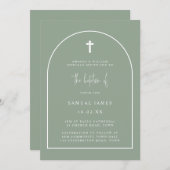 Sage Green Minimalistisch Modern Arch Script Taufe Einladung (Vorne/Hinten)