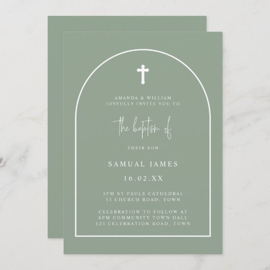 Sage Green Minimalistisch Modern Arch Script Taufe Einladung (Vorne/Hinten)