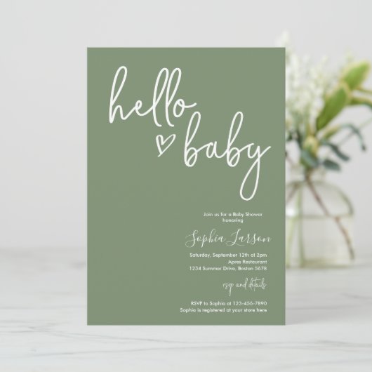 Sage Green Minimalistisch Modern Boho Babydusche Einladung (Stehend Vorderseite)