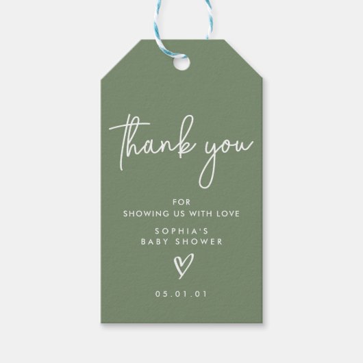 Sage Green Minimalistisch Modern Boho Babydusche Geschenkanhänger (Vorderseite)