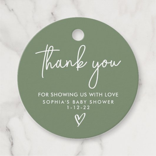 Sage Green Minimalistisch Modern Boho Babydusche Geschenkanhänger (Vorderseite)