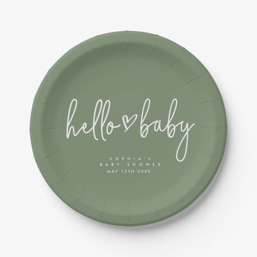 Sage Green Minimalistisch Modern Boho Babydusche Pappteller (Vorderseite)