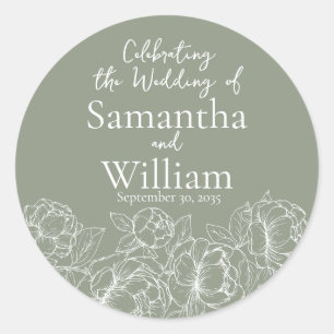 Sage Green Minimalistisch Modern Boho Floral Weddi Runder Aufkleber