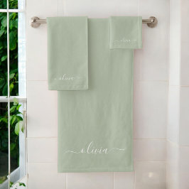 Sage Green Minimalistisch Modern Monogram Elegant Badhandtuch Set