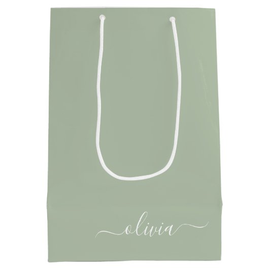Sage Green Minimalistisch Modern Monogram Elegant Mittlere Geschenktüte (Rückseite)