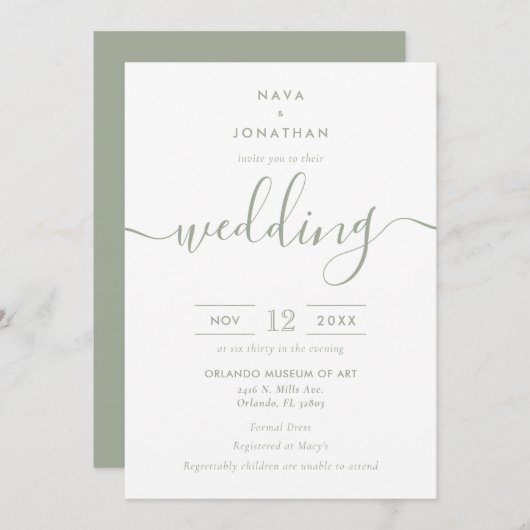 Sage Green Minimalistisch Modern Script Wedding Einladung (Vorne/Hinten)