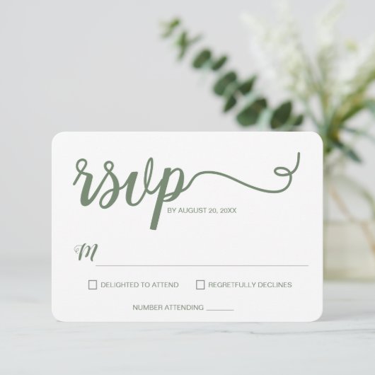 Sage Green Minimalistisch Modern Script Wedding RSVP Karte (Stehend Vorderseite)