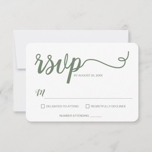 Sage Green Minimalistisch Modern Script Wedding RSVP Karte (Vorderseite)