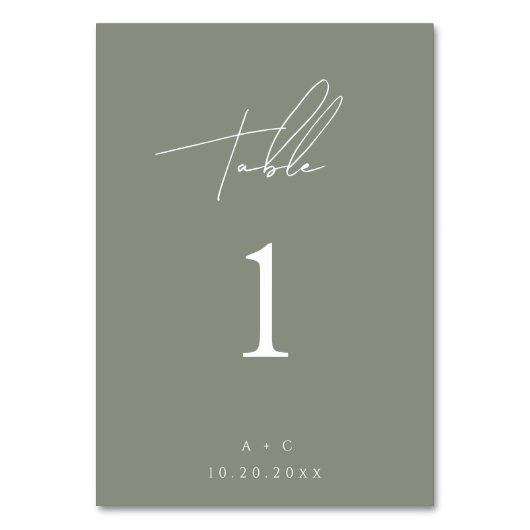 Sage Green Minimalistisch Modern Wedding Table Car Tischnummer (Vorderseite)