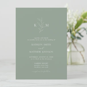 Sage Green Minimalistisch Monogram Olive Leaf Hoch Einladung