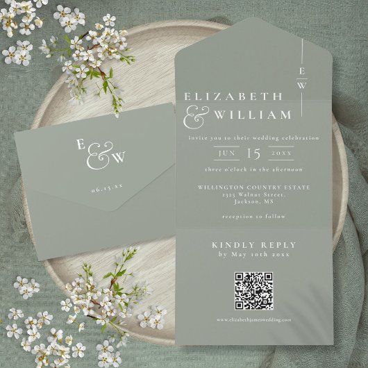 Sage Green Minimalistisch Monogram QR Code Wedding All In One Einladung