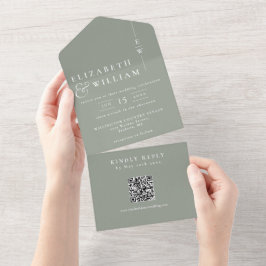 Sage Green Minimalistisch Monogram QR Code Wedding All In One Einladung