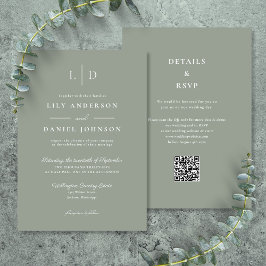 Sage Green Minimalistisch Monogram QR Code Wedding Einladung