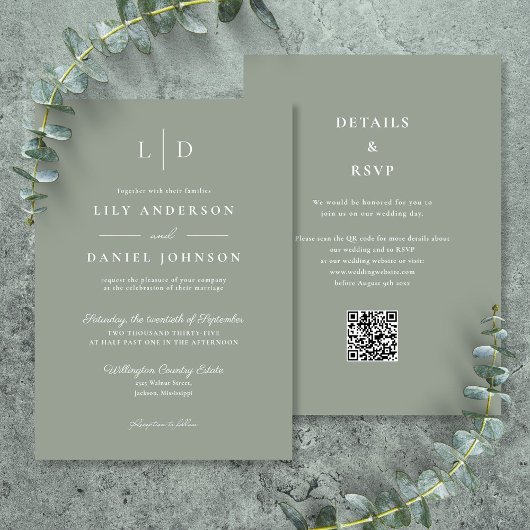 Sage Green Minimalistisch Monogram QR Code Wedding Einladung