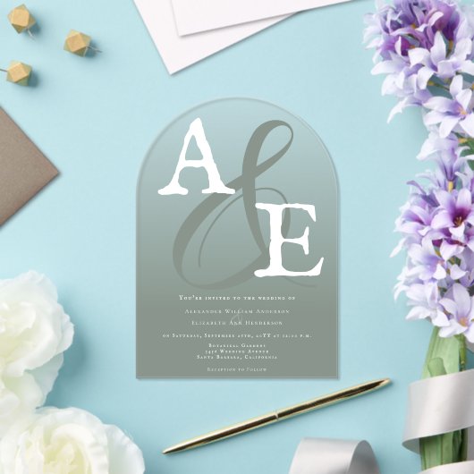 Sage Green Minimalistisch Monogram Wedding Acryleinladungen (Insitu (Hochzeit))