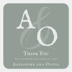 Sage Green Minimalistisch Monogram Wedding Danke Quadratischer Aufkleber