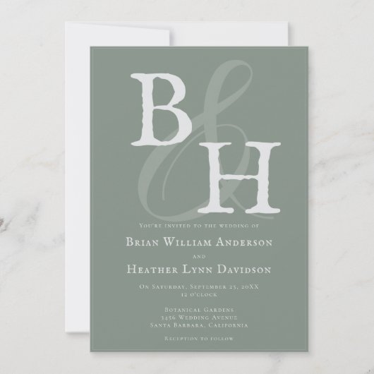 Sage Green Minimalistisch Monogram Wedding Einladung (Vorderseite)