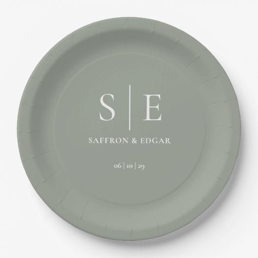 Sage Green Minimalistisch Monogram Wedding Pappteller (Vorderseite)