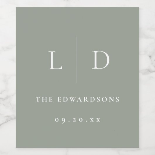 Sage Green Minimalistisch Monogram Wedding Weinetikett (Einzelnes Label)