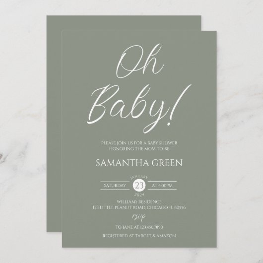 Sage Green Minimalistisch Oh Baby Dusche Einladung (Vorne/Hinten)