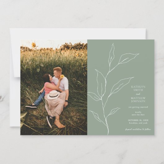 Sage Green Minimalistisch Olive Leaaf Save the Dat Magneteinladung (Vorderseite)