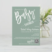 Sage Green Minimalistisch Script Baby Dusche QR Co Einladung (Stehend Vorderseite)