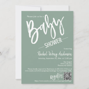Sage Green Minimalistisch Script Baby Dusche QR Co Einladung