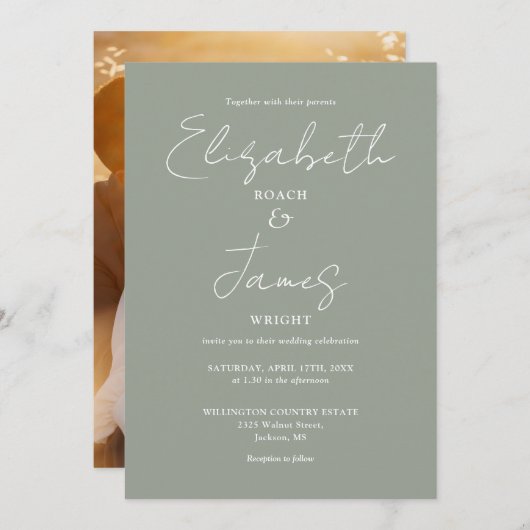 Sage Green Minimalistisch Script Foto Hochzeit Einladung (Vorne/Hinten)