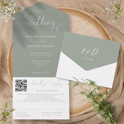 Sage Green Minimalistisch Script QR Code Hochzeit All In One Einladung