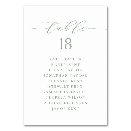 Sage Green Minimalistisch Script Wedding Plan Tischnummer (Vorderseite)