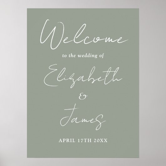 Sage Green Minimalistisch Script Wedding Willkomme Poster (Vorne)