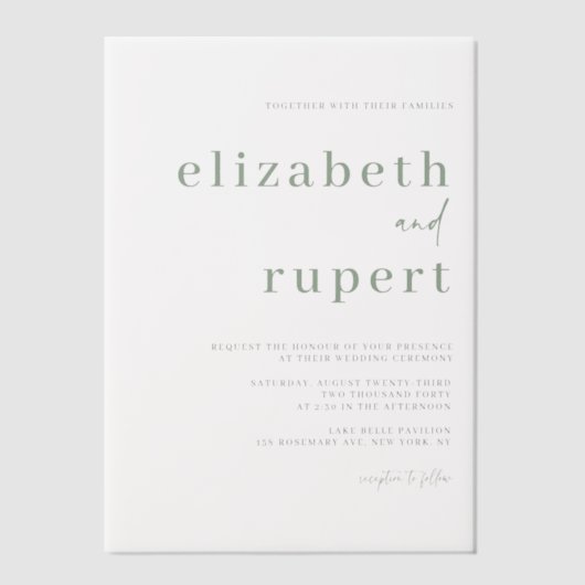 Sage Green Minimalistisch Serif Typografy Wedding Pergament Einladungen (Vorderseite)