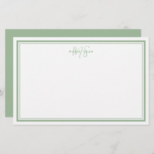 Sage Green Minimalistisch Simple Monogram Two Bord Briefpapier (Vorne/Hinten)