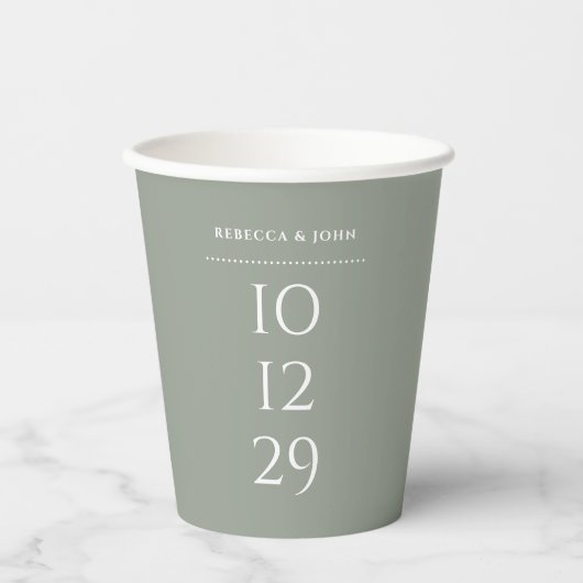 Sage Green Minimalistisch Special Date Hochzeit Pappbecher (Vorderseite)