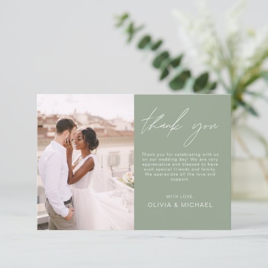 Sage Green Minimalistisch Wedding Danke Foto (Stehend Vorderseite)