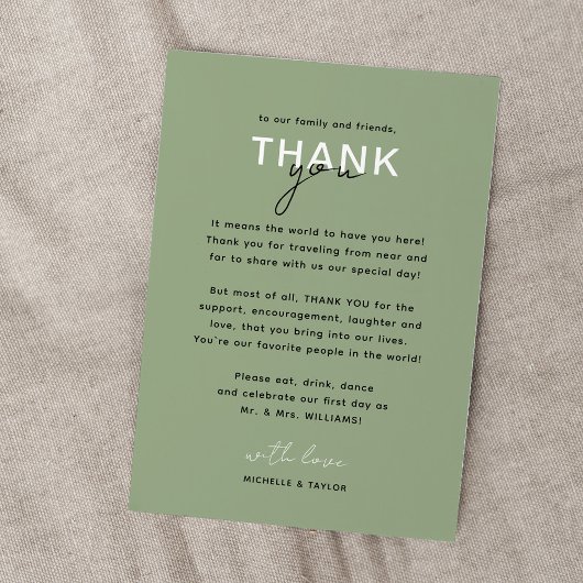 Sage Green Minimalistisch Wedding Dankeschön Card Mitteilungskarte