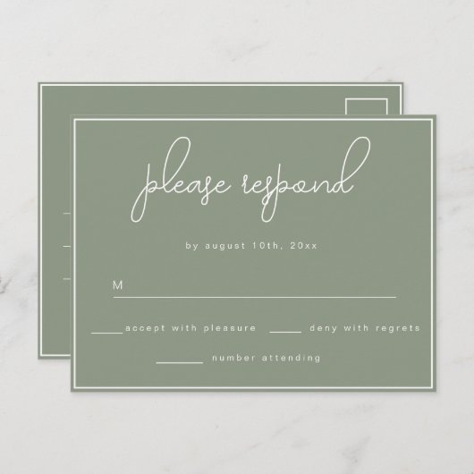 Sage Green Minimalistisch Wedding RSVP Postcard Postkarte (Vorne/Hinten)