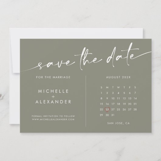 Sage Green Minimalistisch Wedding Save the Date Ca (Vorderseite)