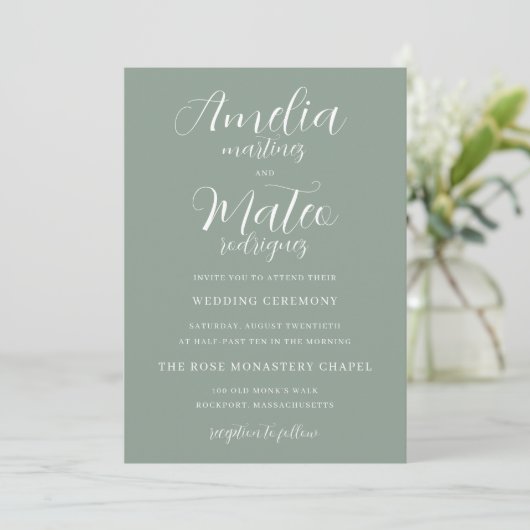 Sage Green Minimalistisch White Script Wedding Einladung (Stehend Vorderseite)