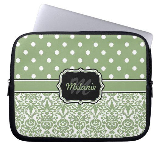 Sage Green Mit Monogramm Damask Polka Dot Laptopschutzhülle (Vorderseite)