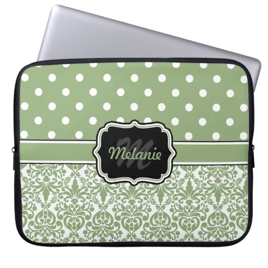 Sage Green Mit Monogramm Damask Polka Dot Laptopschutzhülle (Vorderseite)
